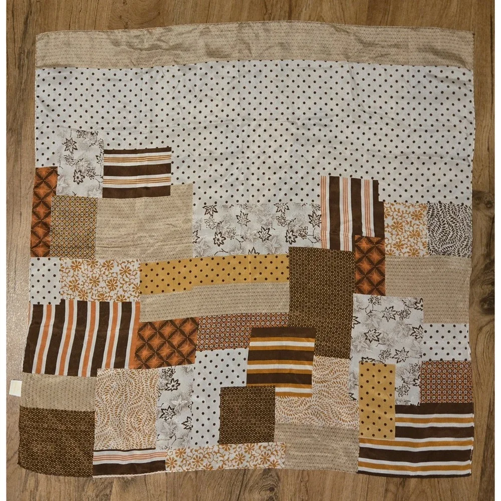 Glentex Silk Scarf Patchwork Print Brown Beige Square 30×30 Made Japan